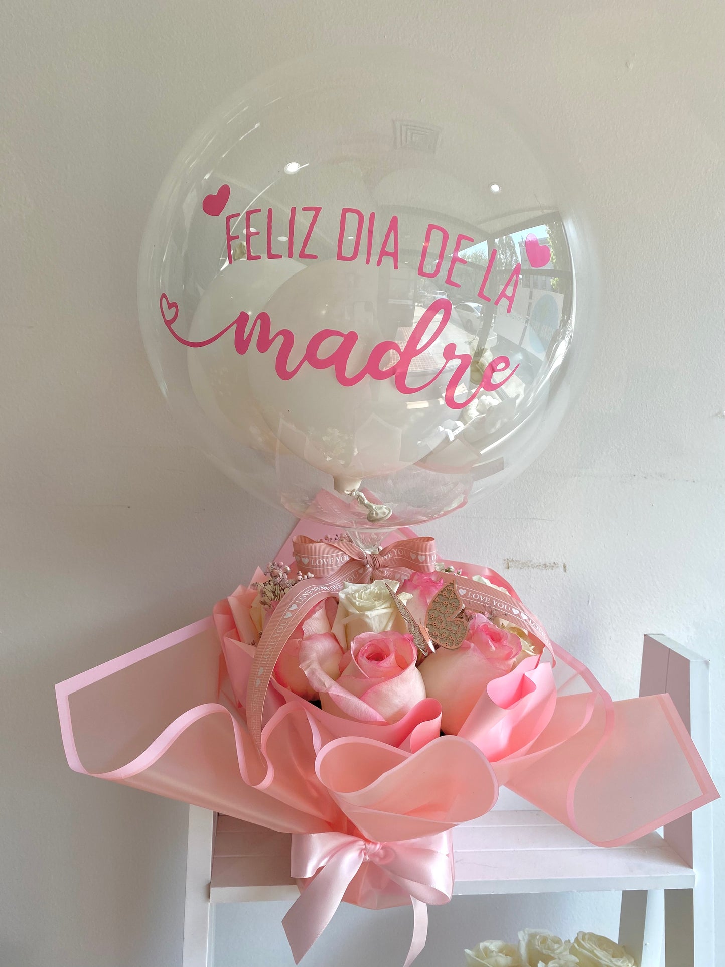 Small Floral arrangement with personalized balloon