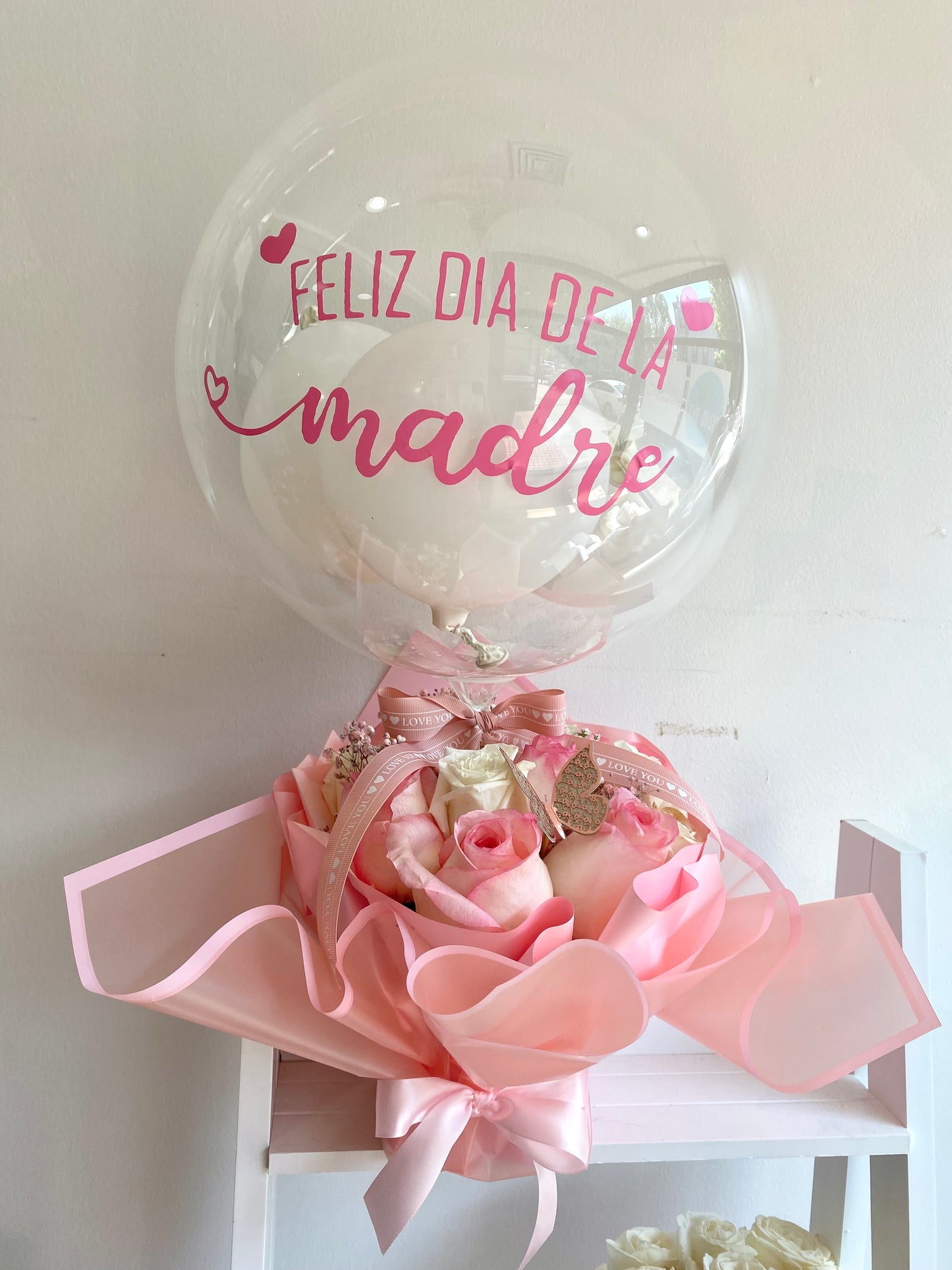 Small Floral arrangement with personalized balloon